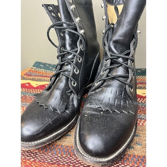 Vintage Justin Womens 6 B Black Kiltie Roper Leather Lace Up Western Boots - Picture 2 of 10